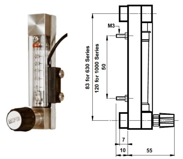 RVS Vadometer - Compact - Lucht: 2cc ... 10 l/min - Water: 5... 500 cc/min - Afbeelding 3