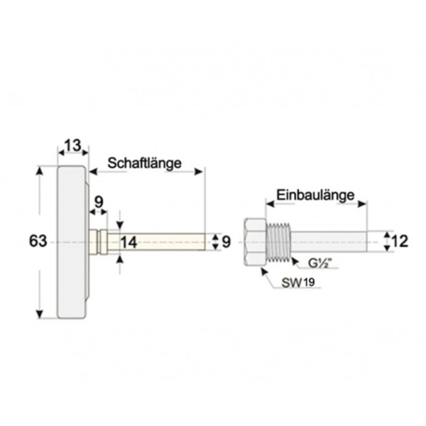 Bimetaal Wijzerthermometer - Ø63 mm - Staal/Messing - met beschermhuls G1/2" - Afbeelding 2